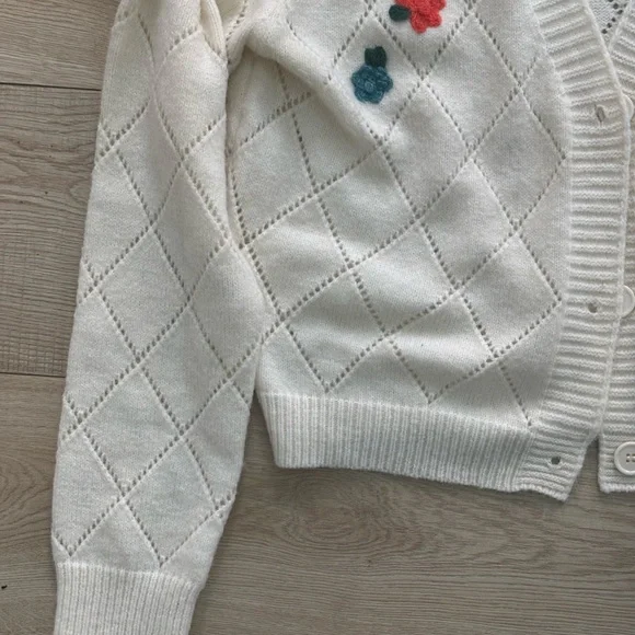 Ivory Diamond-Knit Cardigan with Floral Embroidery Cottagecore Cardigan - Picture 7 of 9